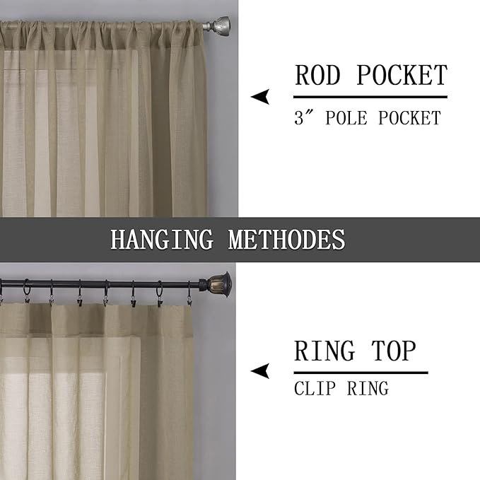 Tollpiz Short Sheer Curtain Linen Textured Bedroom Curtains Sheer Light Filtering Rod Pocket Voile Curtain for Living Room, 54 x 54 inches Long, Taos Taupe, Set of 2 Panels