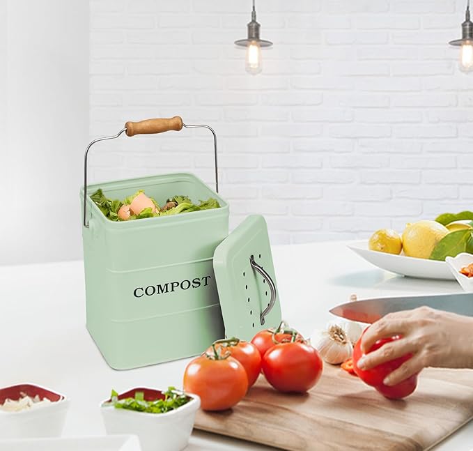 Stainless Steel Compost Bin for Kitchen Countertop Compost Bin,1 Gallon, Kitchen Trash Can -Includes Charcoal Filter,Compost with Lid-Green