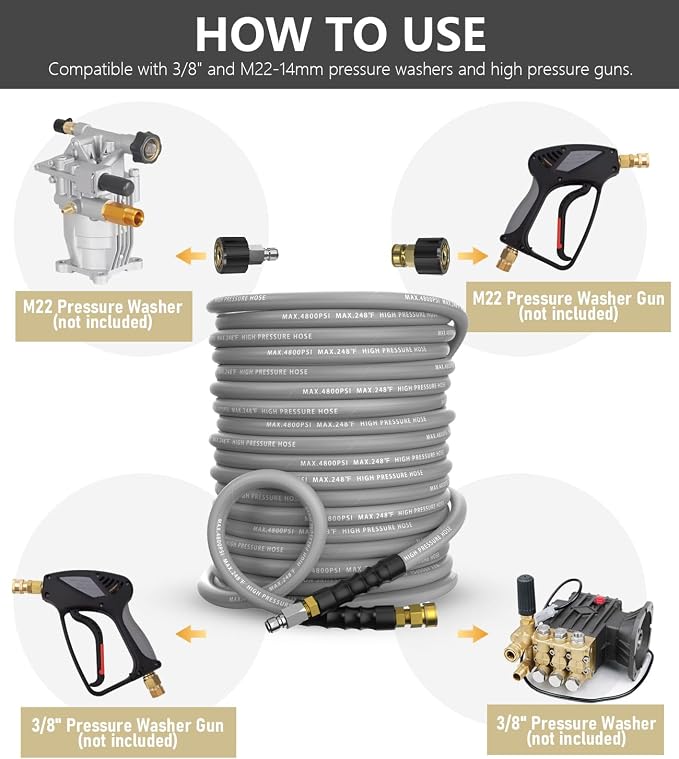 3/8" Pressure Washer Hose 75FT 4800 PSI, Kink Resistant Steel Braided Layer & NonMarking Rubber for Hot/Cold Water, High Power Washer Hose With 3/8 Inch Quick Connect & M22 Fitting, Gray