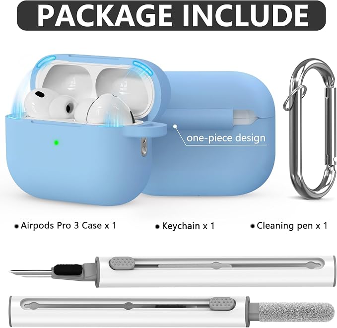 Ljusmicker for AirPods Pro 3 Case 2025 with Cleaner Kit,Magnetic Sky Blue | Soft Silicone Protective Cover for Apple AirPod Pro 3rd Generation Case with Keychain for Women Men,Shockproof,Magnetic