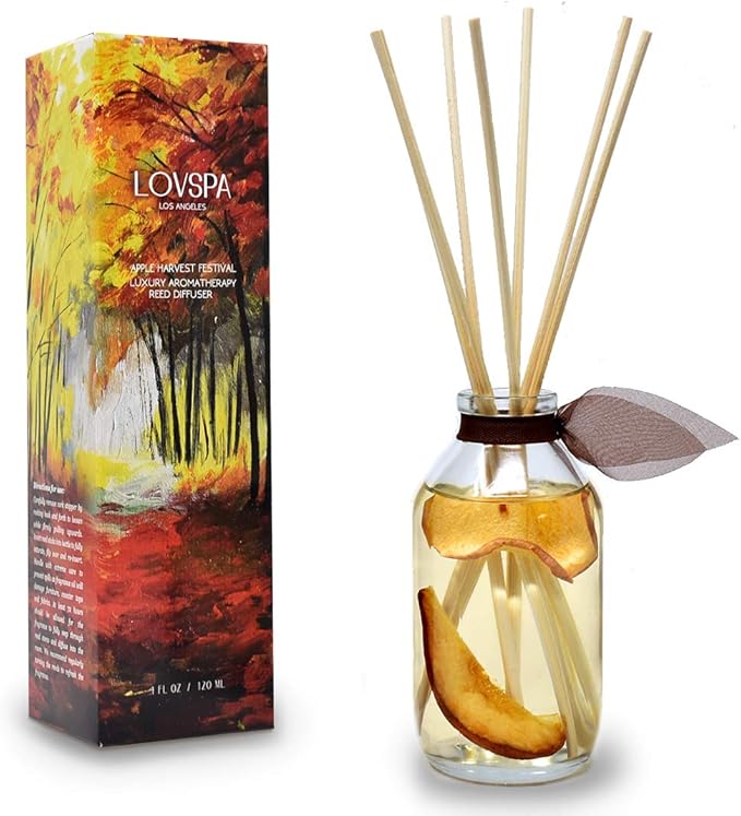 Reed Diffuser Set - Apple Harvest Scented Diffuser with Sticks | Autumn Fall Home Fragrance Reed Diffuser for Bedroom, Bathroom Shelf Décor, with Real Apple + Cinnamon Stick in the Bottle