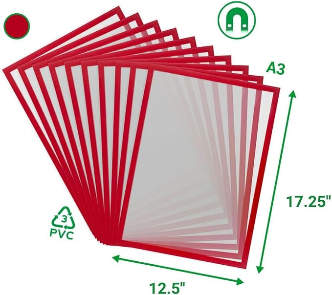 Tarifold Magnetic PRO Display Frames, 17-3/8" x 12.5", Red, 10 Pack | 10 magnetic anti-glare PVC frames, 17-3/8" x 12.5", red border, portrait or landscape, quick document changes