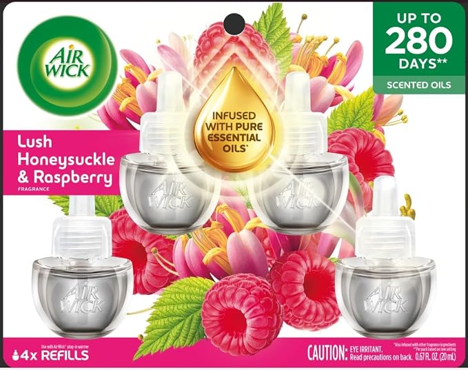 Air Wick Plug in Scented Oil Refills, 4 Count, Lush Honeysuckle and Raspberry, Air Freshener, Essential Oils, Eco Friendly