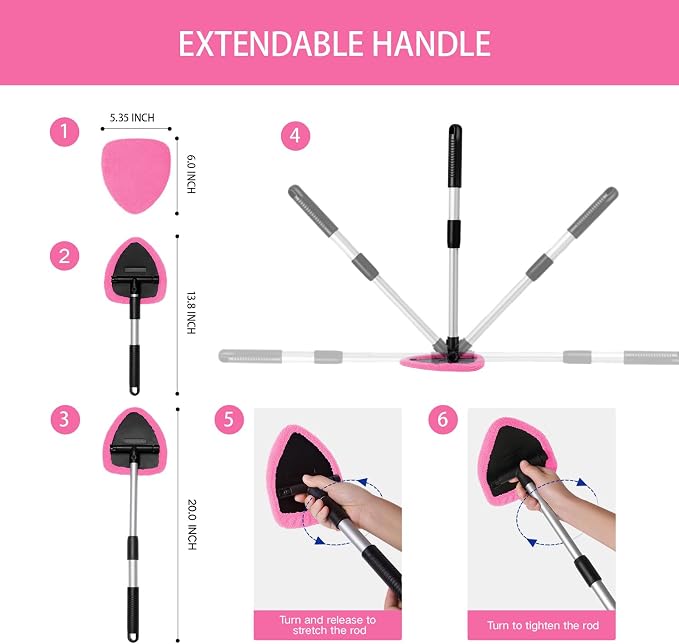 Qydipclin 11pcs Windshield Cleaner Tool, Car Window Cleaning Wash Kit with 6 Reusable Microfiber Pads 2 Spray Bottles and Extendable Handles Auto Glass Wiper Kit, Pink
