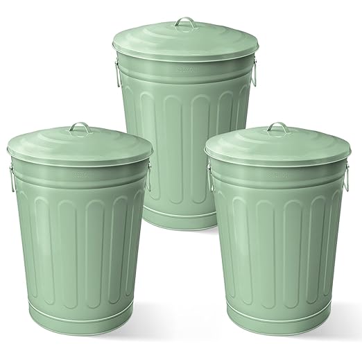 Plexon Round Trash Can 13 Gallon, Vintage Metal Outdoor Trash Can with Lid, Retro Farmhouse Garbage Container, Old School Modern Ash Bucket, Green 3 Pack