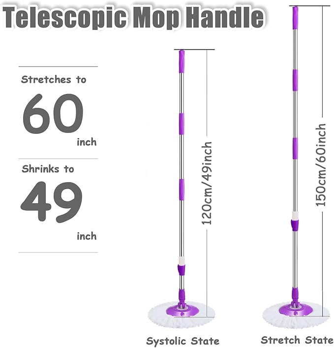 Extended Spin Mop Replacement Mop Handle, Upgraded 60-inch 360 Degrees Rotating Telescopic Replacement Mop Stick for Spin Mop Bucket Cleaning System Floor Cleaning (Plastic Disc, Green)