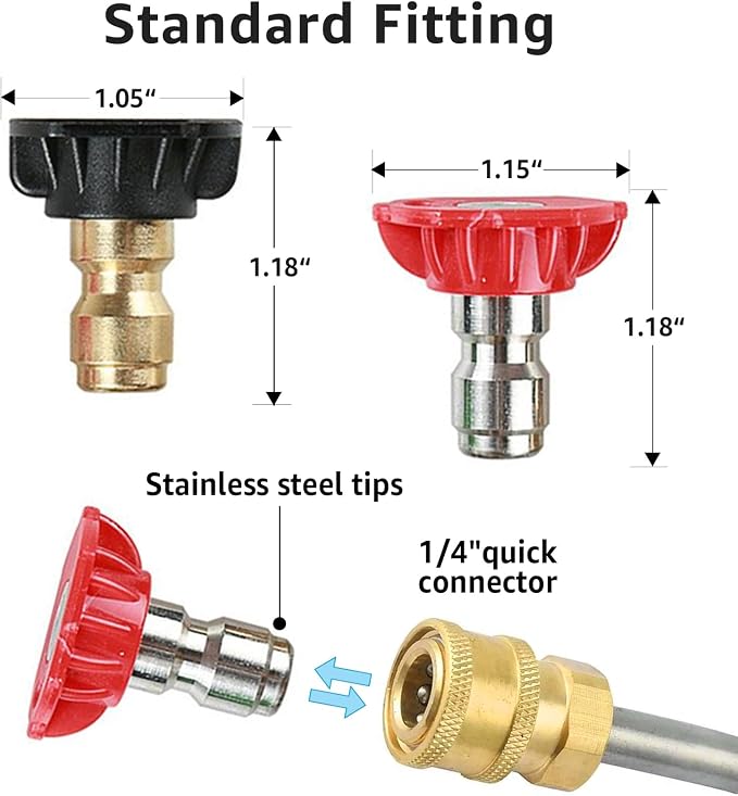 Pressure Washer Tips Power Washer Soap Nozzle Tips Multiple Degrees 1/4 Quick Connect Design Up to 4,500 PSI 2.5 GPM(5-Pack) | Pressure Washer Spray Nozzle Tips, Multiple Degrees 0° 15° 25° 40° Soap, 1/4 Inch Quick Connect for Cleaning Car, Watering