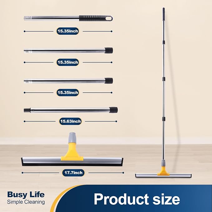 Yocada Rubber Floor Squeegee 17.7" TPR Blade Scrubber Broom 61.8inch Pole | Household Broom for Garage Courtyard Shower Bathroom Floor Marble Glass Tile Water Foam Pet Hair Removal Cleaning