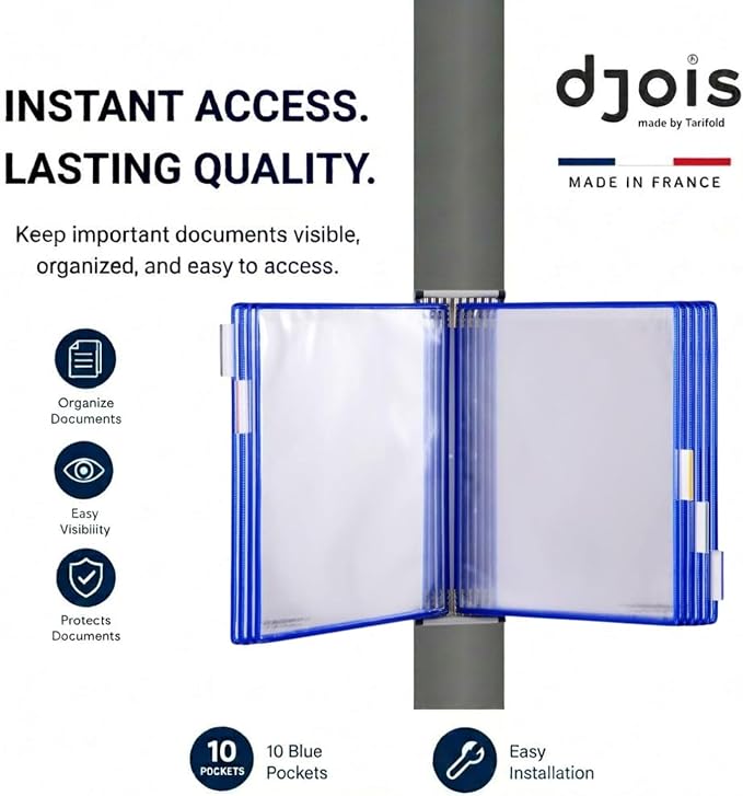 Tarifold Wall Mount Reference System, 10 Pockets, Expandable, Blue | 10 double-sided PVC pockets hold 20 letter-size sheets, sturdy wall-mount bracket, snap-on index tabs, easy to install