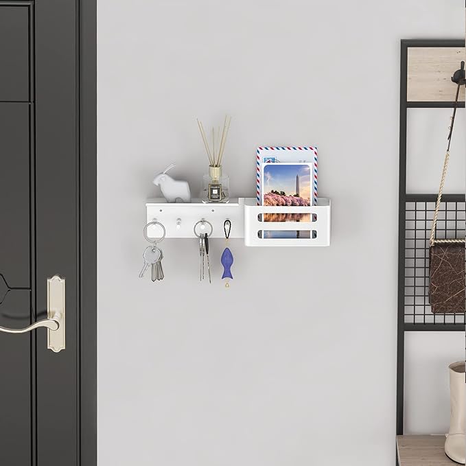 MKO Key Holder for Wall, 12.2In Mail Organizer Holder with Shelf, Metal Key Rack Adhesive Wall Mount, White