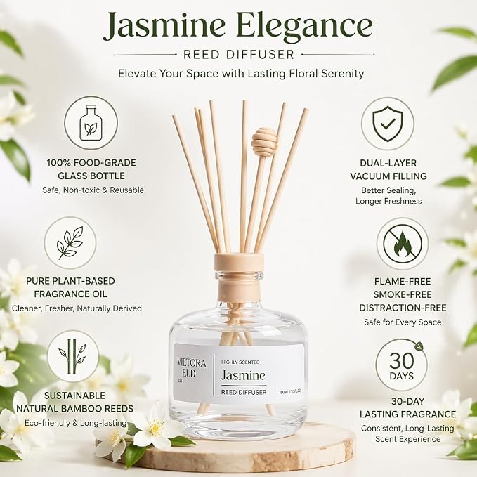Jasmine Reed Diffuser, 3.5 Fl Oz | Floral Fragrance Lasts 12 weeks, Flameless & Safe. Perfect for bedroom/office. Natural oils, gift, 3.5 oz.