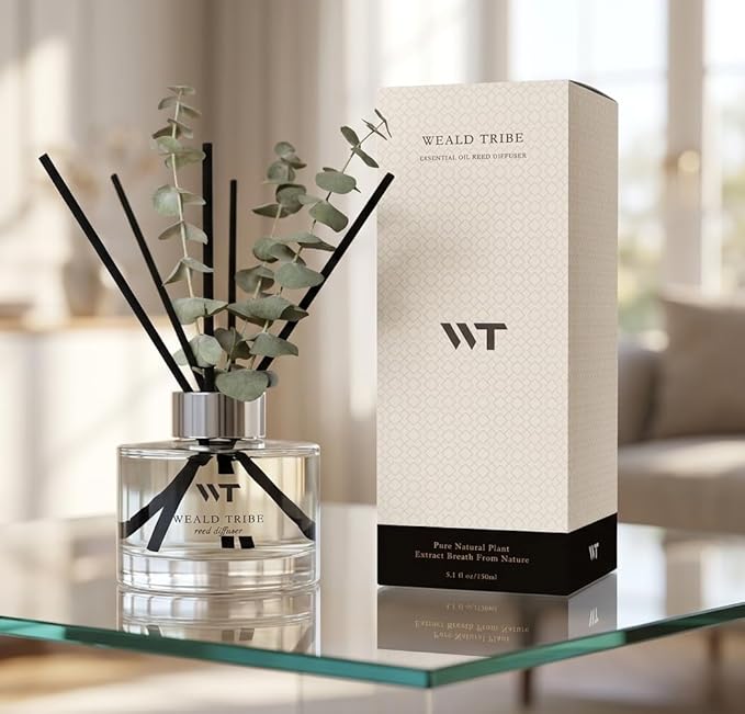 Flower Reed Diffuser Set Wild Eucalyptus Mint Scent for Bathroom Accessories Shelf Decor & Air Fresheners, Sticks Defusers with 5.1 fl oz Essential Oils & Leaves, House Bedroom Office Decor & Gifts