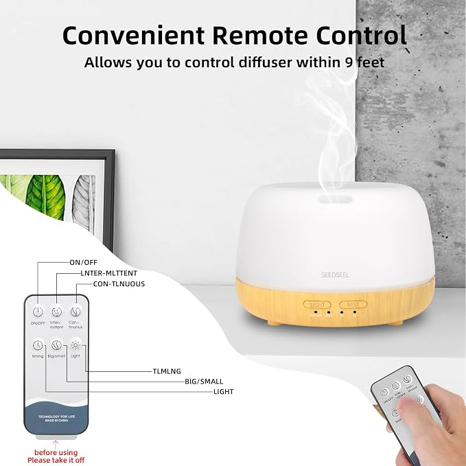 SEEDSEEL 300ML Essential Oil Diffuser,Quiet 8 Hours Operation, 7-Color LED Light, 4 Timer, Remote Control, Aromatherapy Diffuser Auto-Off, for Bedroom, Living Room, Office, Home