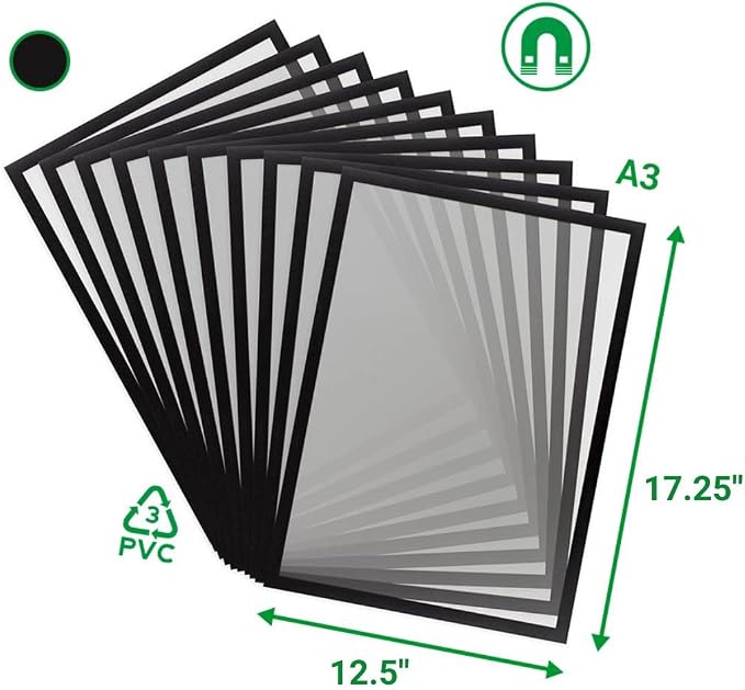 Tarifold Magnetic PRO Display Frames, A3 Size, Black, 10 Pack | 10 magnetic anti-glare PVC frames, A3-size, black border, portrait or landscape, quick document changes
