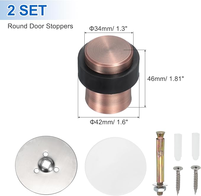 PATIKIL 2Set Round Door Stoppers, 46mm Stainless Steel Door Stop Doorstop Wedge Metal Cylinder Self Adhesive with Screw for Bottom of Door Floor Inside, Copper Tone