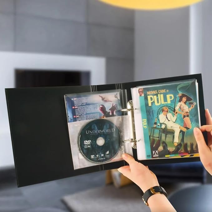 Tarifold DVD Storage Bundle, 50 Binder Sleeves and 2 Binders, 2-Ring Holes | Holds DVD, cover art and booklet, secure flap, 25 sleeves per binder, 120-micron polypropylene, saves up to 70% storage space