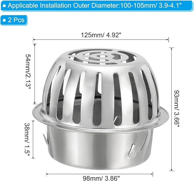 PATIKIL Dome Gutter Guard Filter 4 Inch, 2 Pack 304 Stainless Steel Downspout Strainer, Anti-Blocking Outdoor Gutter Cleaning Tool for Stops Leaves Debris, Fits 3.9-4.1 Inch