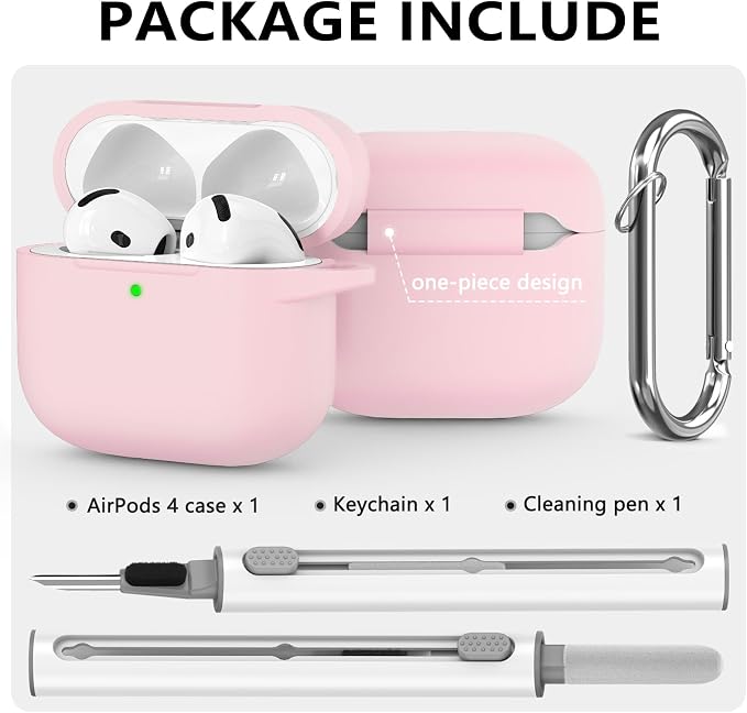 Ljusmicker for AirPods 4 Case 2024 with Cleaner Kit,Soft Silicone Protective Cover for Apple AirPods 4th Generation Cases for Women Men,for AirPod 4 Case Accessories with Keychain-Light Pink