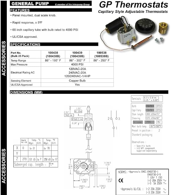General Pump Remote Thermostat #100439 (Temp Range 86° - 302° F)