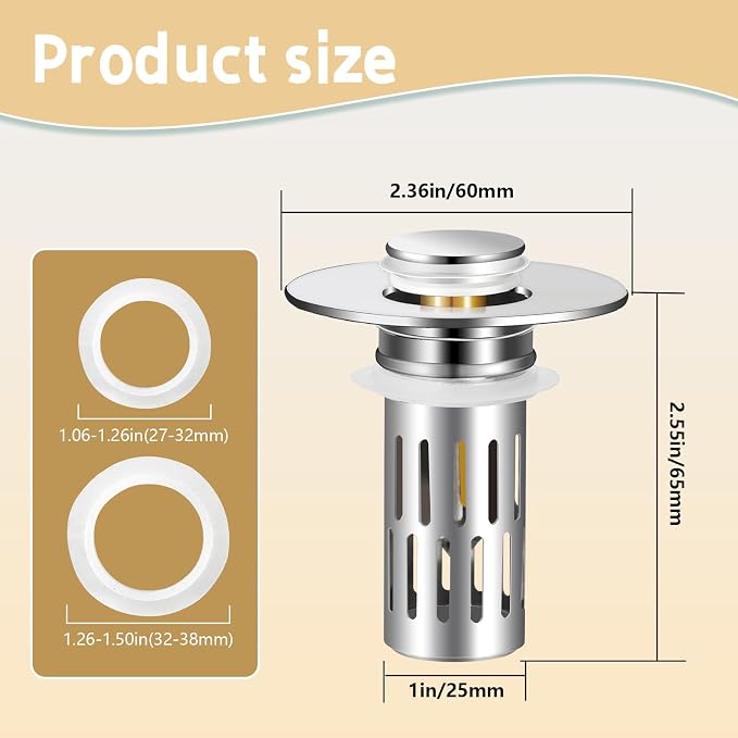 2 Pack Bathroom Sink Stopper for 1.06-1.50in (Silver) | Bathroom Sink Drain Pop Up Stopper with Hair Strainer, Universal Drain Filter for US Stainless Steel Floor Drain Filter
