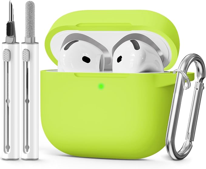 for AirPods 4 Case 2024 with Cleaner Kit & Keychain-Neon Green | Silicone Protective Cover for Apple AirPods 4th Generation Case,for Women Men,One-Piece Design,Shockproof,Dust Proof