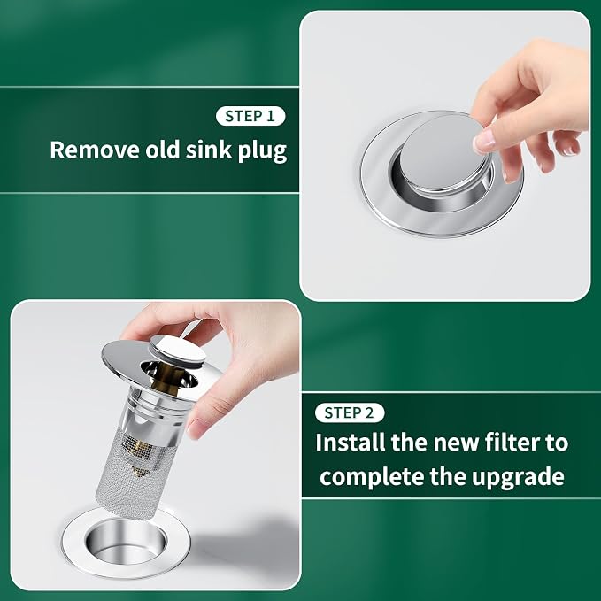 Vodolo 3 in 1 Sink Drain Strainer with Hair Catcher,4PCS Stainless Steel Popup Sink Stopper with Basket for Bathroom Kitchen Shower,Pop-up Bounce Core Floor Basin Drain Filter,Replacement Sink Plug