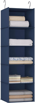 Hanging Closet Organizer 5-Shelf, Oxford Fabric Wardrobe Storage, Navy Blue | Easy-mount foldable design holds clothes, handbags, shoes & accessories; washable Oxford fabric, sturdy and space-saving.
