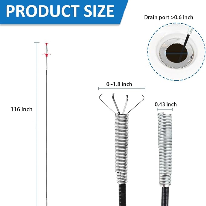 Drain Snake,116 inch Flexible Grabber Claw Pick Up Reacher Tool,Drain Clog Remover - Gutter Cleaning Tools for Home Sink, Bathroom Tub,Drain, Toilet, Tight Spaces
