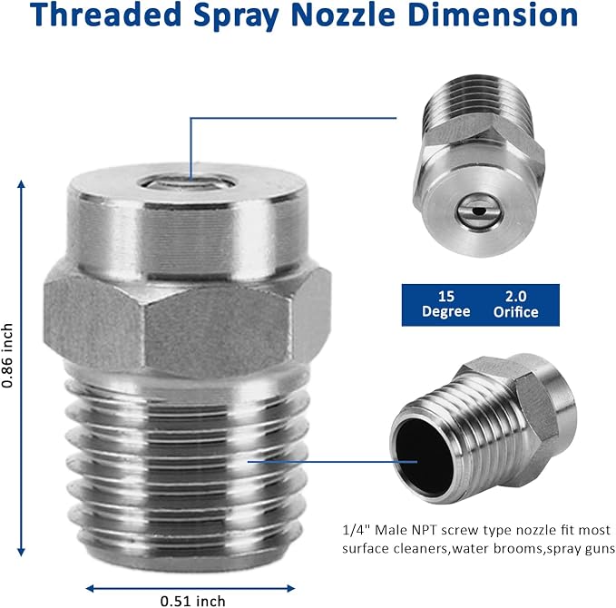 4 Pack Surface Cleaner Replacement Nozzle Tips 15° 2.0 Orifice 1/4"NPT | Stainless Steel, Max 4000 PSI, High Pressure Surface Cleaner Nozzle, Compatible with Water Broom & Undercarriage Washer