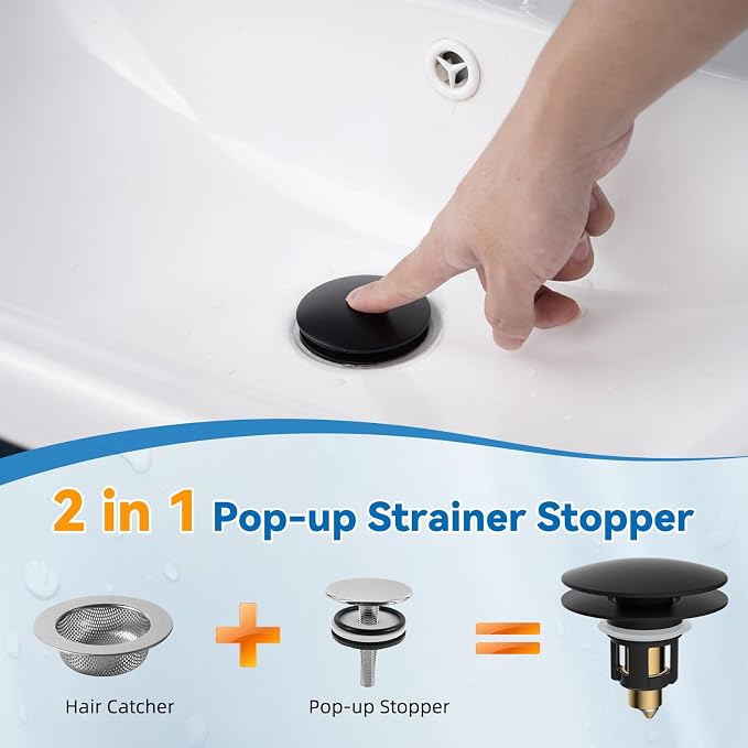 2 Pack Universal Metal Bathroom Sink Stopper, Hair Catcher Strainer, Black | Pop-Up Sink Drain Strainer with Detachable Filter, Drain Plug Fits 1.1"-2.36" US Basin, Large Cover Cap, Brass Bounce Core