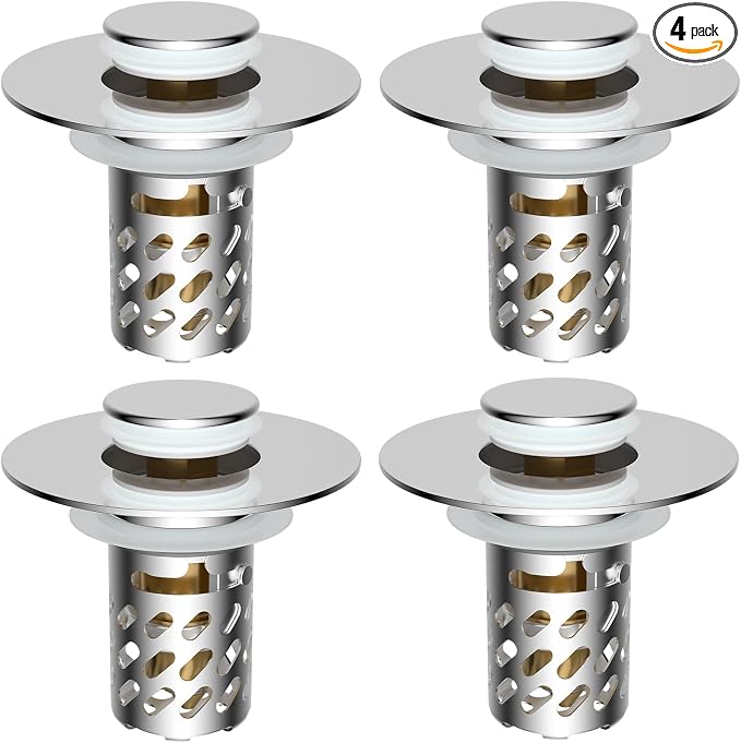 iFealClear 4 Pack All Metal Bathroom Sink Stopper, Pop Up Sink Drain Strainer with Removable Stainless Steel Filter Basket, Universal for 1.1"-2.36" Sink, Brass Bounce Core, Hair Catcher, Chrome