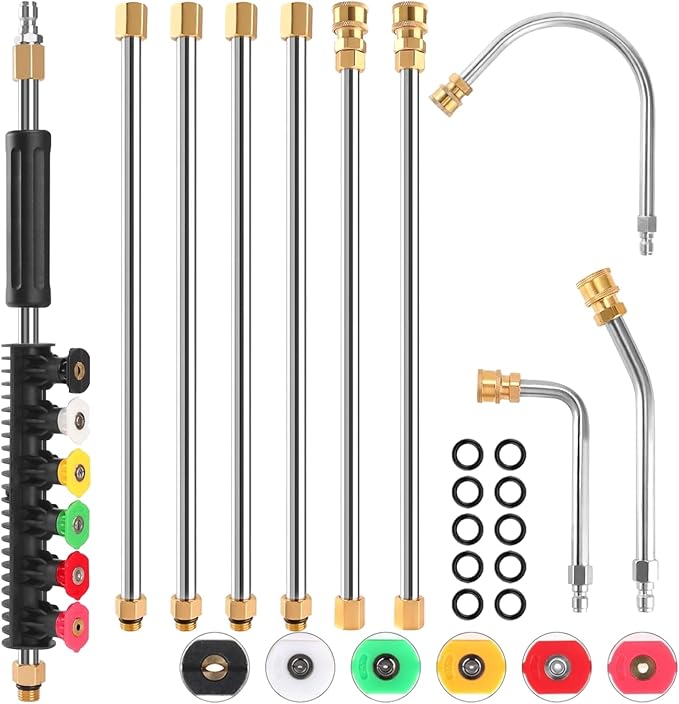 Pressure Washer Extension Wand for Gutter Cleaning - Stainless Cleaning Tools with Spray Nozzle Tips,30°90°120°Curved Rod 1/4’’Quick Connect Replacement for Anti-Leaked Ring 4000 PSI