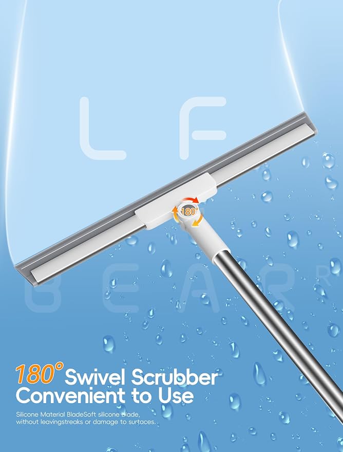 Floor Squeegee Broom with Long Handle, Heavy Duty Rubber Squeegee Kit, Scrubber for Tile Floor, Garage, Concrete with 2 Replacement Heads & 1 Cloth (3-in-1 Set)