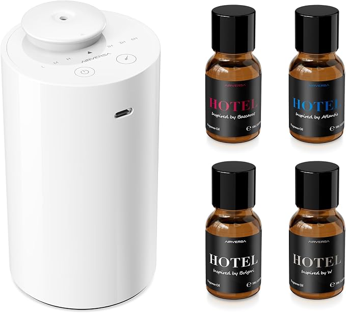 Airversa AN6 Waterless Essential Oil Diffuser Starter Kit, White | 4 x 10mL Hotel Scent Fragrance Oi, Up to 600 sq ftl, Battery Operated, Portable for Home Car Office, AN6Kit-4x10-01