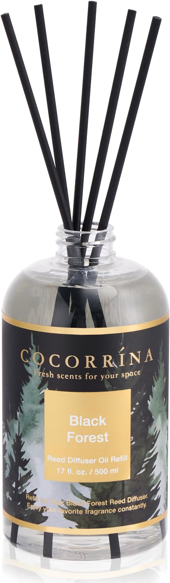 Reed Diffuser Refill Black Forest 17oz (500ml) with 8 Sticks - Premium Long-Lasting Essential Oil, Home Fragrance for Bedroom, Bathroom Home Decor