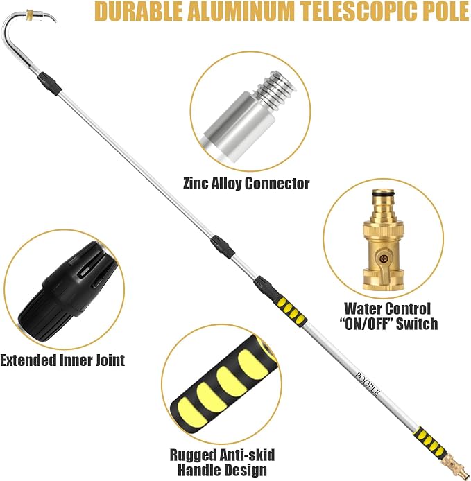Gutter Cleaning Tools from The Ground, 20FT Reach Telescoping Gutter Cleaner Tool, Rain Gutters Cleaning Wand with 360° Metal Head, Gutters Cleaner Hose Attachment & Connection Adapter