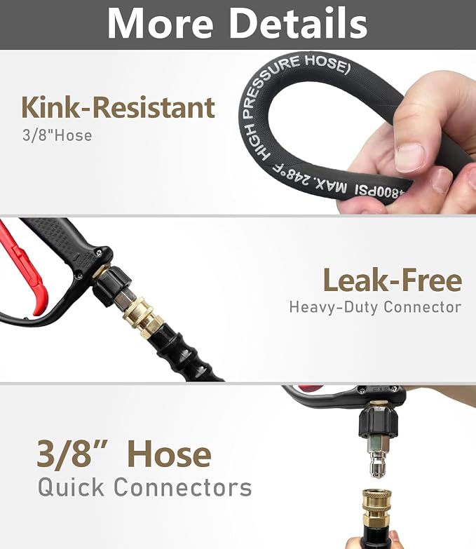 3/8" Pressure Washer Hose 25FT 4800 PSI, Kink Resistant Steel Braided Layer & NonMarking Rubber for Hot/Cold Water, High Power Washer Hose With 3/8 Inch Quick Connect & M22 Fitting, Black