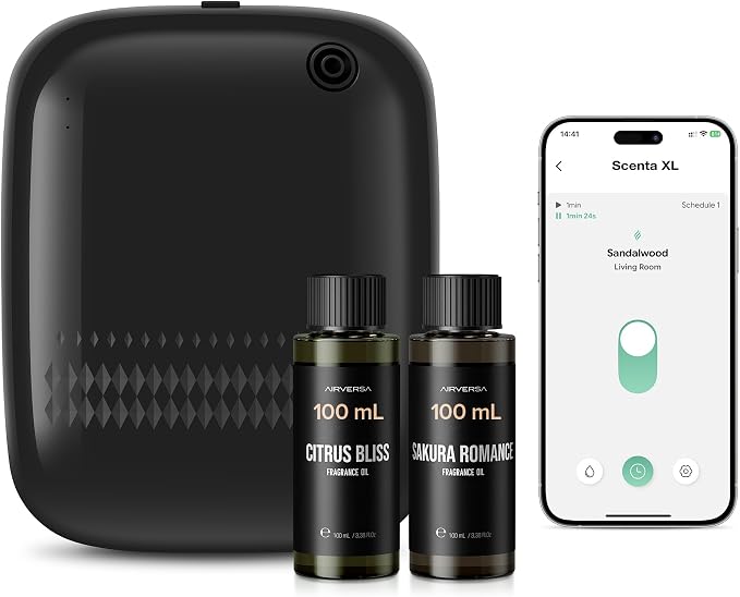 Airversa ANW Smart Waterless Diffuser Starter Kit for Room, Black | 2x100 mL Hotel Scent Fragrance Oil, Up to 2000 sq ft, App Control, 400mL, DC-12V/1A Adapter, Scent Air Machine, ANWKit-2x100