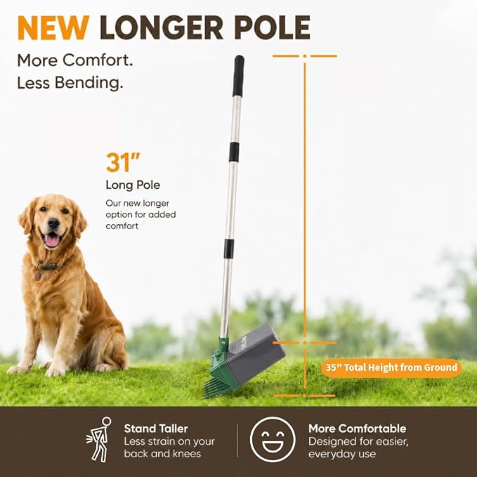 Neater Pet Brands Lift N’ Bag 2.0 Dog Pooper Scooper with Bag Attachment & 31" Pole for Small to Large Dogs, New Longer Pole, 60 Refill Bags, Heavy Duty Dog Poop Scooper for Yard, One-Hand Use
