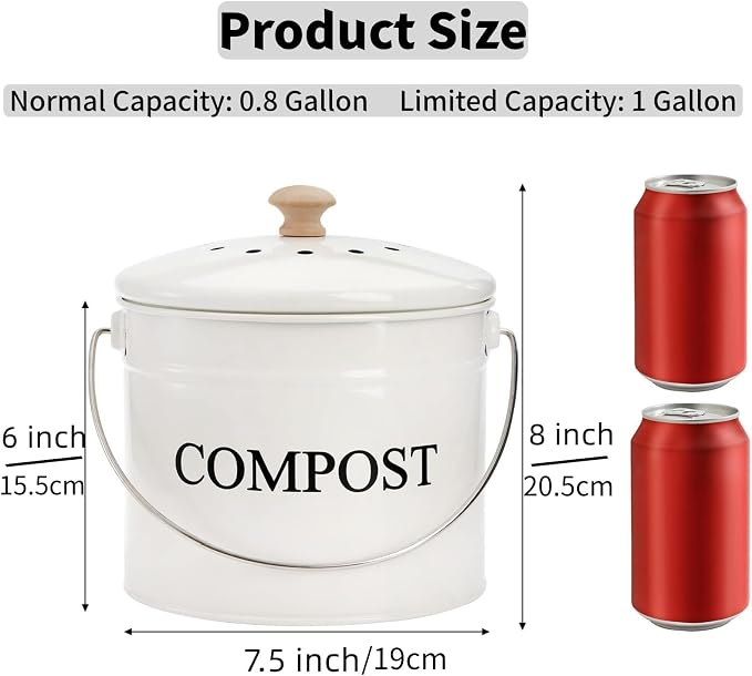 AVLA Compost Bin Kitchen Countertop, 1 Gallon Composter Pail, Food Waste Composting Bucket, Odorless Trash Keeper Container, White Scraps Caddy with Charcoal Filter, Carrying Handle, Lid