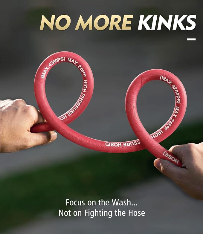 Pressure Washer Hose 50 ft, 4200 PSI Flexible & Kink-Resistant, Steel-Braided & Durable, High Power Washer Hose with M22-14mm Stainless Steel Plug, Hot/Cold Water Compatible - 50 Foot, Red