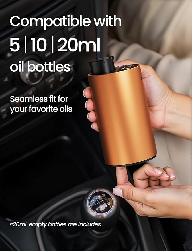 Waterless Essential Oil Diffuser, Rechargeable Car Scent Diffuser, Orange | Premium Aluminum Alloy Housing, Cordless, 3 Mist Levels, Timers, Portable Aromatherapy Diffuser for Home, Car & Office