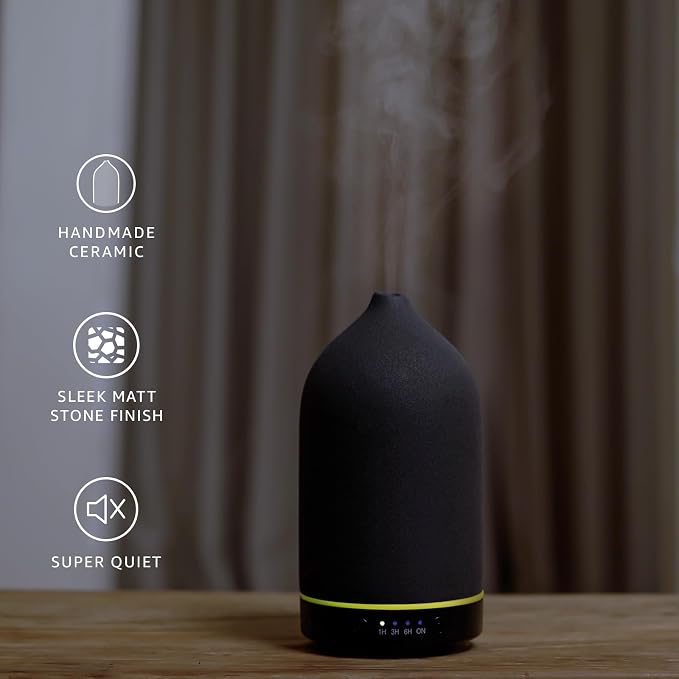 200ML Ceramic Essential Oil Diffuser for Home, Stone Diffuser | Ultrasonic Aromatherapy Diffuser & Air Humidifier for Bedroom, Office, Yoga, 7 LED Lights, Auto Shut-Off, 3 Timers, Black