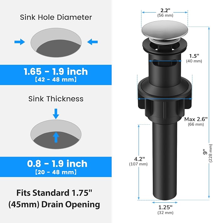 Bathroom Sink Drain with Overflow with Hair Catcher Anti-Clog Sink Strainer | Hurran Bathroom Sink Stopper for 1.65-1.9" Hole, Plastic Pop-up Drain for Bathroom Vanity Vessel Sink, Brushed Nickel, 2 Pack