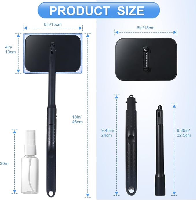 Windshield Cleaner Tool, Windshield Cleaning Wand Auto Window Cleaner Kit with Detachable Handle, 4 Microfiber Velcro Stick Pads and 1 Spray Bottle, Glass Wiper Kit for Windshield,Trucks,SUVs,RVs,Home