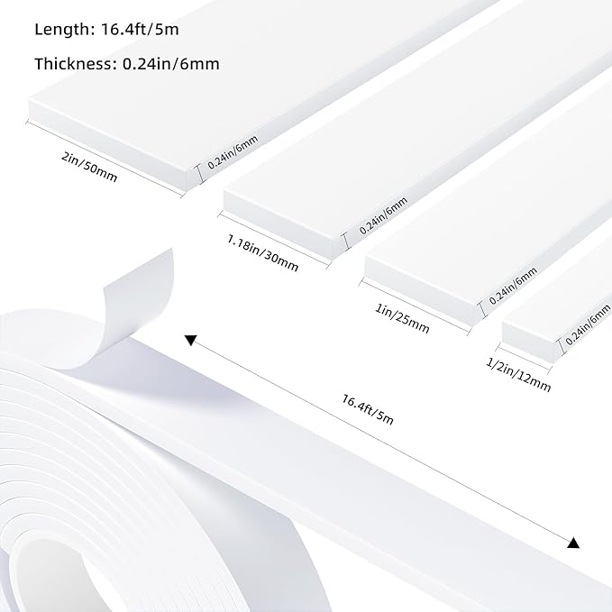 Weather Stripping Door Seal White,Self Adhesive Foam Tape,Window Insulation Weatherproof Gasket Tape for Doors and Windows,1.18 Inch Wide X 1/4 Inch Thick,2 Rolls Total 32.8Ft
