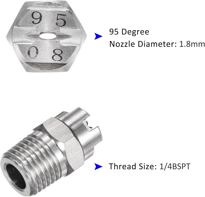 M METERXITY 5-Pack Flat Fan Spray Tip, 95 Degree 1/4BSPT Male Stainless Steel Pressure Washer Nozzles Cleaner Nozzle Replacement W Sealing Tape for Water Guns (1.8mm Orifice)