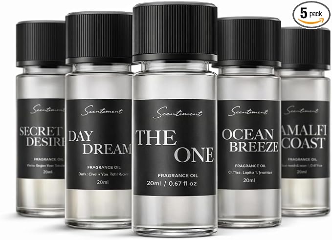 Scentiment Luxury Hotel Scents - 5 Diffuser Oil Set - 5 x 0.68 fl oz(20 mL) | Secret Desires, Day Dream, The One, Ocean Breeze & Amalfi Coast - Fresh Floral, Woody & Citrus Scents Home Fragrance Oils
