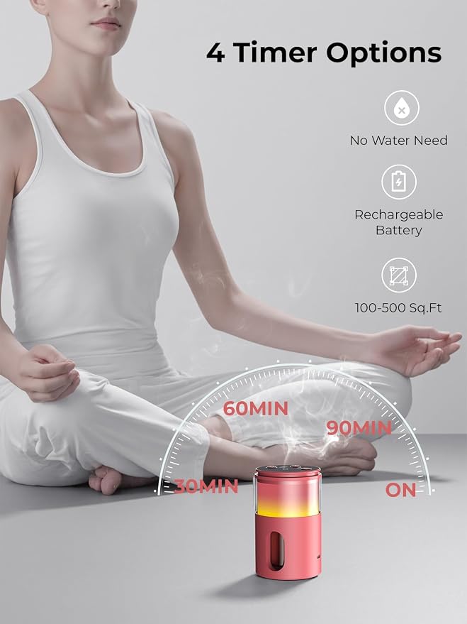 Waterless Essential Oil Diffuser: 𝟗-𝐂𝐨𝐥𝐨𝐫 𝐋𝐄𝐃 Bright Red | Portable Scent Diffuser - No Water No Heat For Pure Aroma - 48H Battery 3 Mist Levels & 4 Timers for Car Office