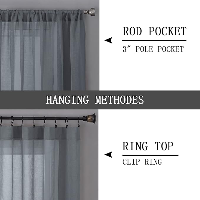 Tollpiz Short Sheer Curtain Linen Textured Bedroom Curtains Sheer Light Filtering Rod Pocket Voile Curtain for Living Room, 54 x 54 inches Long, Dark Grey, Set of 2 Panels